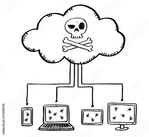Cartoon style doodle of cloud connection infected by virus. Hand drawn doodle vector illustration.
