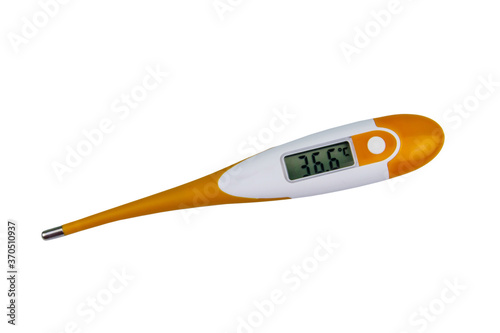 Digital medical thermometer showing healthy human body temperature 36.6 degrees Celsius isolated on white background