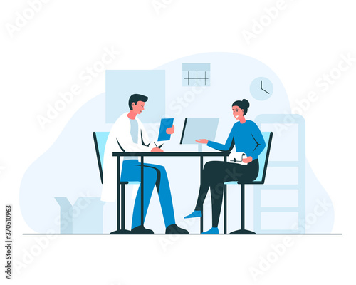 Woman at the doctor's appointment. Vector concept illustration of a smiling girl and male doctor sitting and talking at the table in the office. Interior of a consulting room with doctor and patient