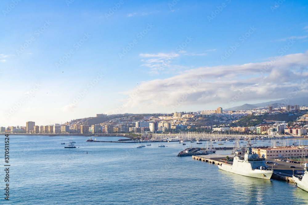 Morning in the harbor at the cruise terminal with a view of the city of Gran Canaria, Spain, December 22, 2019