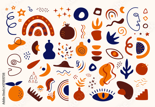 Set of hand drawn various abstract shapes and doodle objects. Modern bright contemporary  trendy backdrop for textile and print. Irregular shape stamps. Vector illustration isolated