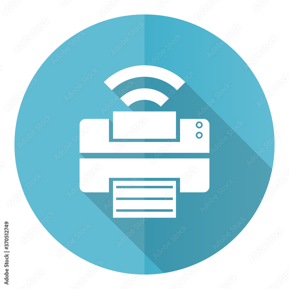 Printer vector icon, flat design blue round web button isolated on white background Printer vector icon, flat design blue round web button isolated on white background