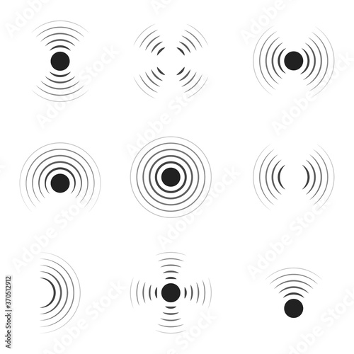 Wave sonar. Radar with signal. Icon of pulse. Concentric sound circle. High sonic frequency with vibration in air. Noise and energy from speaker. Symbol of radio, military protection and scan. Vector