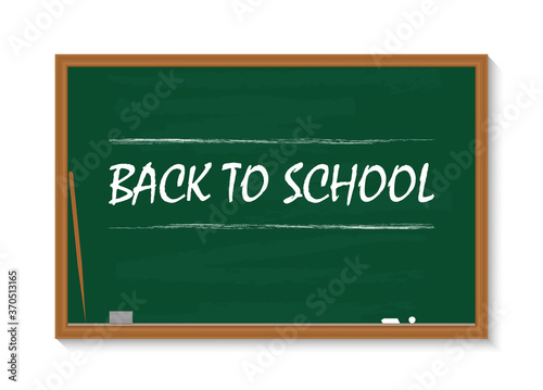 Board for school. Chalkboard in class. Green blackboard with chalk. Square with frame for teacher, kids, education. Concept of back to school. Wooden background for classroom, text, learning. Vector