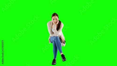 Caucasian Woman Sitting and Waiting for Someone Green Screen