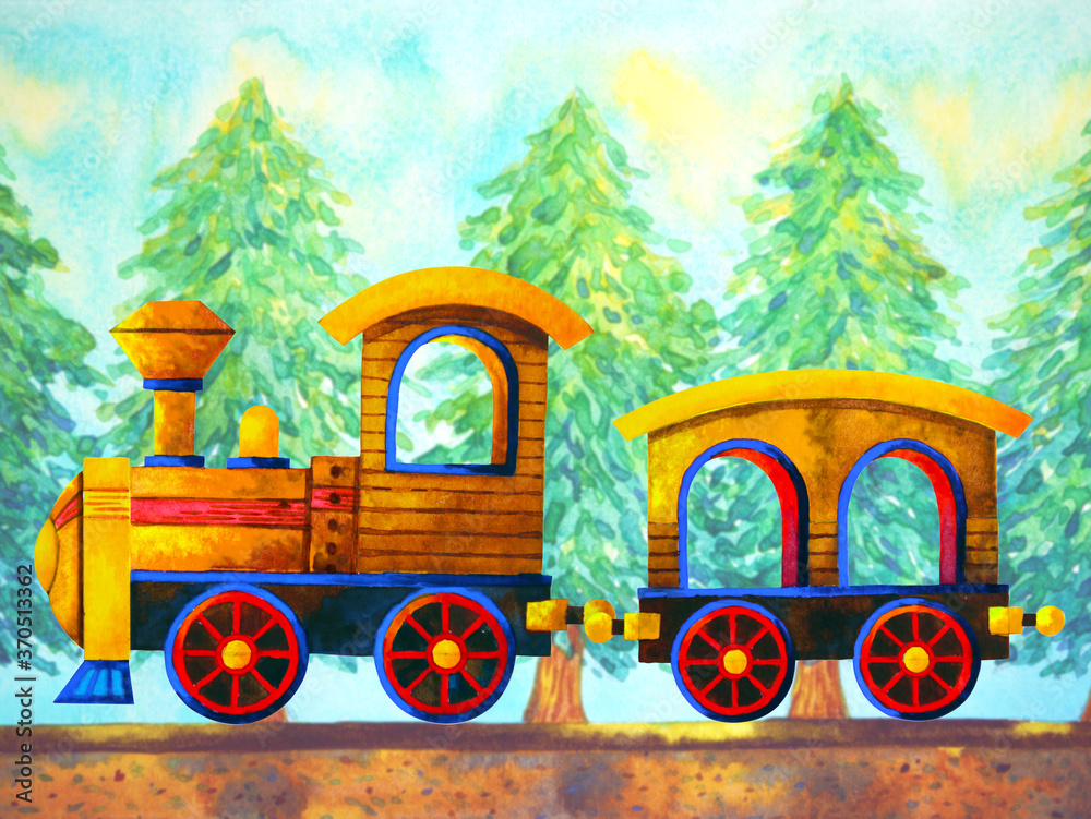 yellow train retro cartoon watercolor painting travel in christmas pine  tree forest illustration design hand drawing Stock Illustration | Adobe  Stock