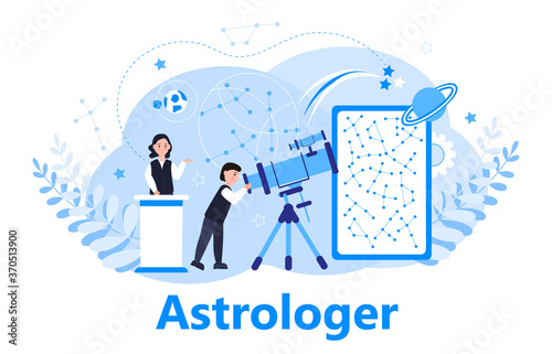 Astronomer or astrologer concept vector. Online conference, remote or distance education for web, app, banner. Scientists explore the starry sky in Observatory.
