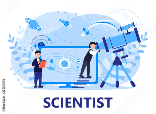 Astronomer or astrologer concept vector. Online conference, remote or distance education for web, app, banner. Scientists explore the starry sky in Observatory.