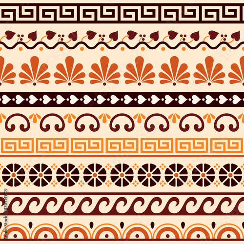 Greek key pattern, waves and geometric seamless vector design set - ancient vase decor in brown, orange and yellow 