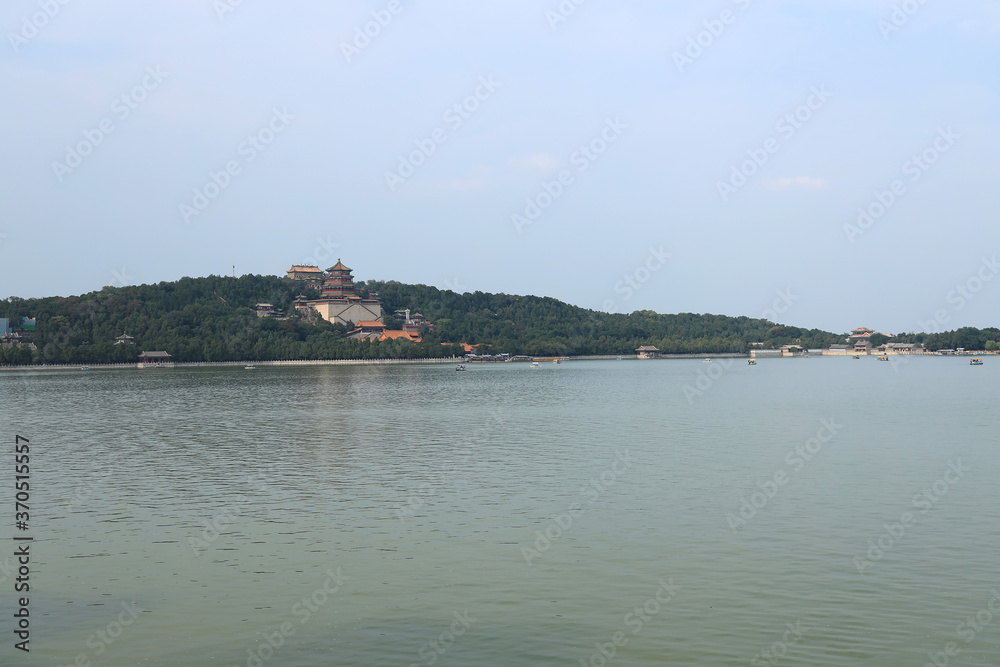 The hills and buildings on the shore of the Summer Palace of the Chinese Emperor