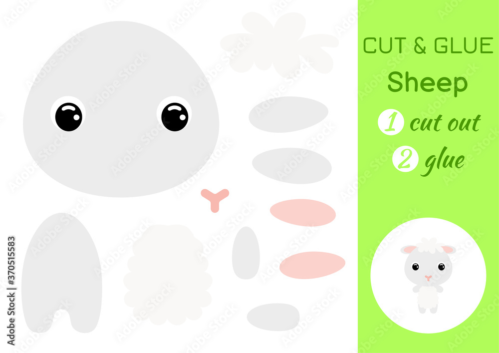 Cut and glue baby sheep. Education developing worksheet. Color paper game for preschool children. Cut parts of image and glue on paper. Cartoon character. Colorful vector stock illustration.