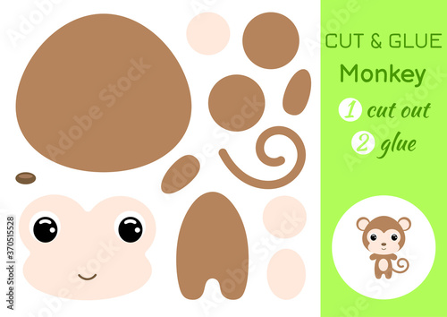 Cut and glue baby monkey. Education developing worksheet. Color paper game for preschool children. Cut parts of image and glue on paper. Cartoon character. Colorful vector stock illustration.