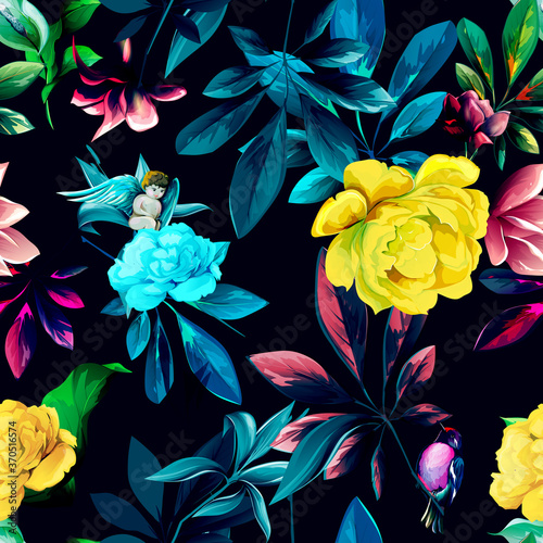 Seamless floral background pattern. Little angel with flowers, peony and leaves on black. Stylized pattern for textile, fabric and other prints purpose. Hand drawn vector - stock.