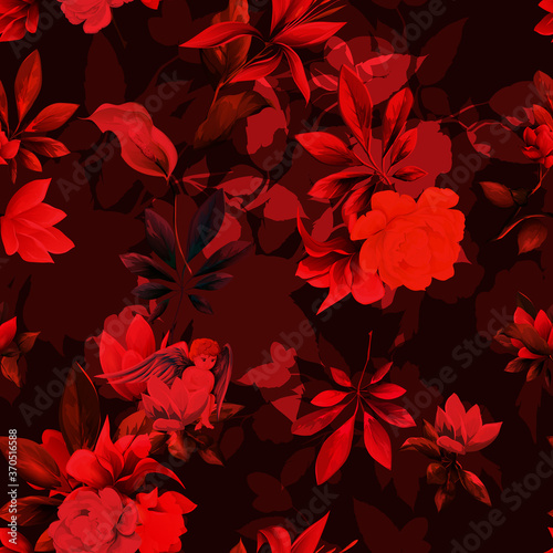 Fototapeta Naklejka Na Ścianę i Meble -  Seamless floral background pattern. Angel with flowers, peony and leaves on dark red. Abstract pattern for textile, fabric and other prints purpose. Hand drawn vector - stock.
