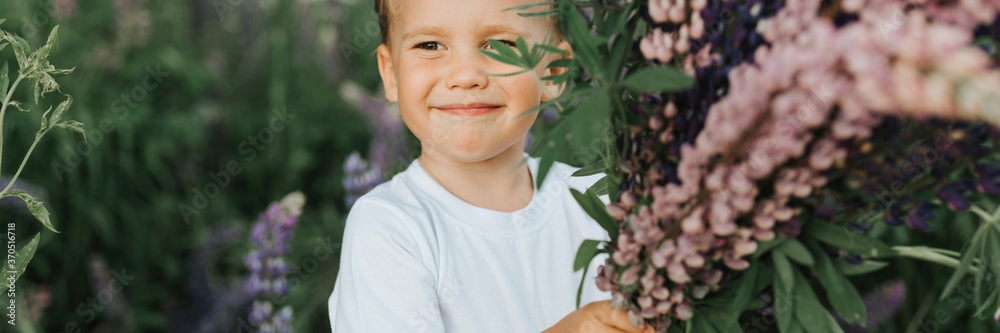 portrait of a cute little happy four year old kid boy with bouquet of bloom flowers lupines in a field in nature outdoor. banner