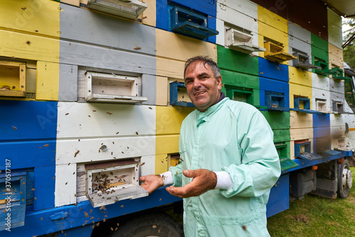 Beekeeper checking his hives