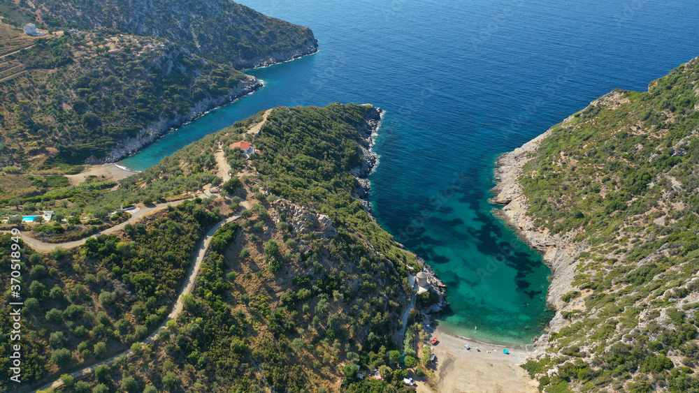 Aerial drone photo of beautiful deep turquoise beach of Gialia in island of Alonissos, Sporades, Greece