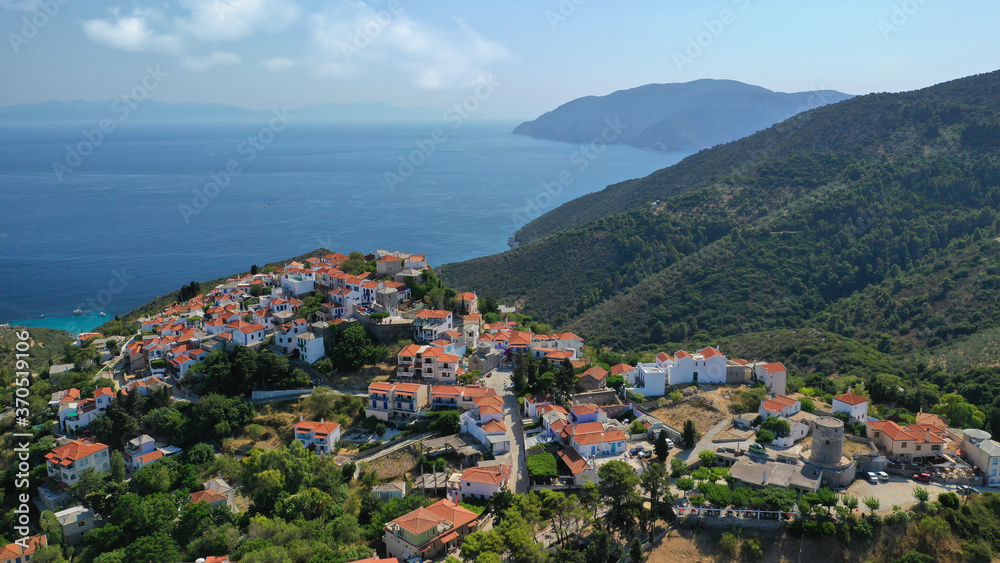 Aerial drone photo of uphill breathtaking main town and castle of Alonissos island with views to Aegean sea, Sporades, Greece