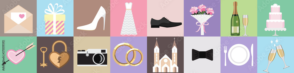 Fototapeta premium set of wedding symbols in the form of a square, sixteen pieces.
