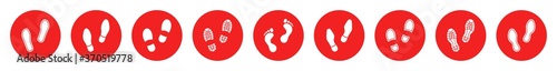 Flat linear design. Different human footprints. Template for stickers and signs for public places. Social distance. Vector illustration