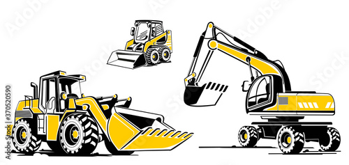 Vector illustrations of construction equipment. Bulldozer, excavator, compact baggier. Icon style, flat two colors illustrations. photo
