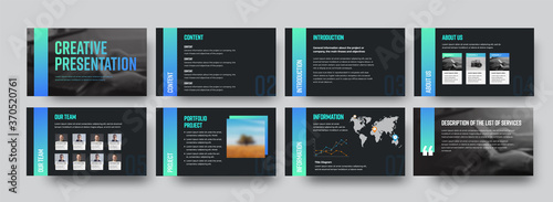 Vector black infographic template with gradient color lines, content description, information and creative presentation ui design.