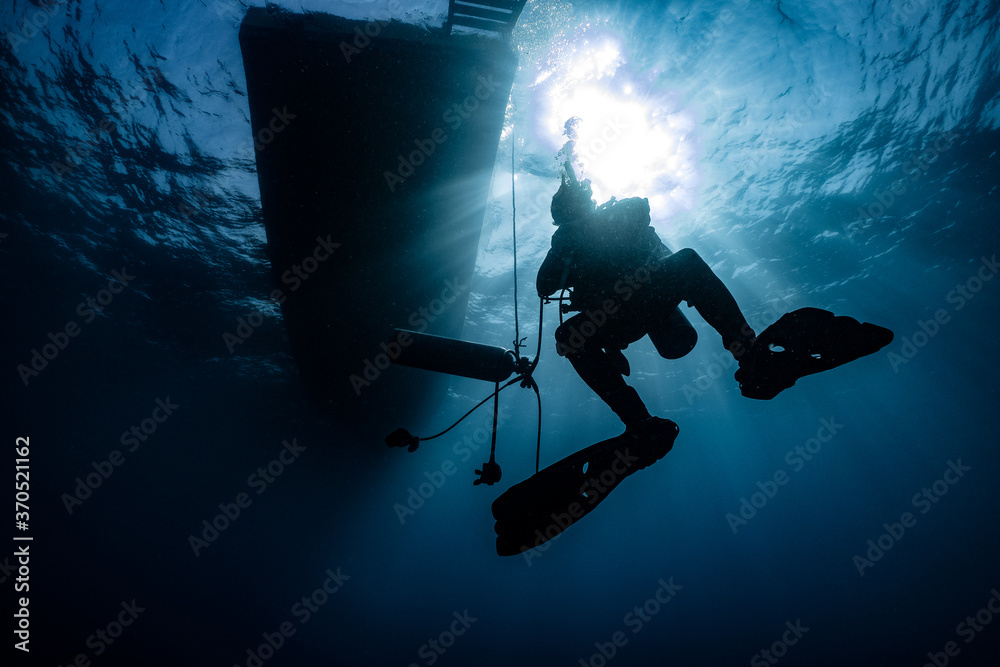Fototapeta premium silhouette of scuba diver underwater in ocean under boat