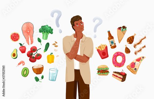 Happy black african american man thinking about choosing menu. Choice between healthy and unhealthy food concept vector background. Difficult choosing. Flat illustration in cartoon style
