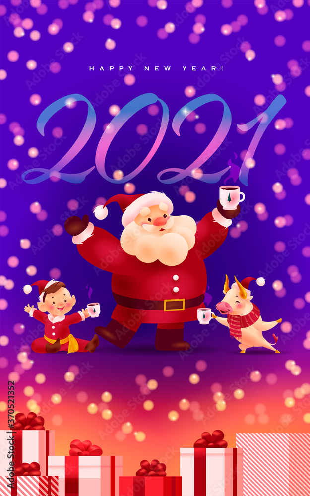 Happy New year illustration with 2021 numbers, Santa Claus, boy elf in red costume, bull mascot cartoon characters celebrating on night shining background. Vector congratulation card, party invitation Happy New year illustration with 2021 numbers, Santa Claus, boy elf in red costume, bull mascot cartoon characters celebrating on night shining background. Vector congratulation card, party invitation