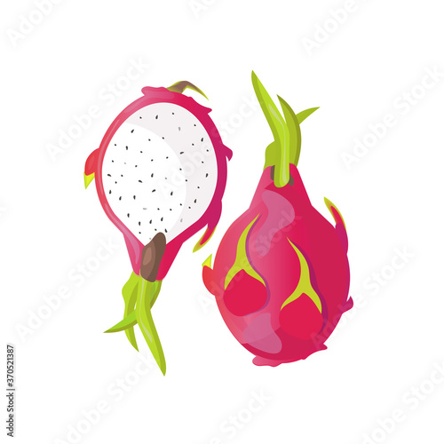Whole and halved dragonfruit pitaya isolated on white background.