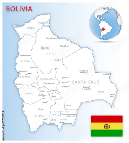 Detailed Bolivia administrative map with country flag and location on a blue globe. Vector illustration
