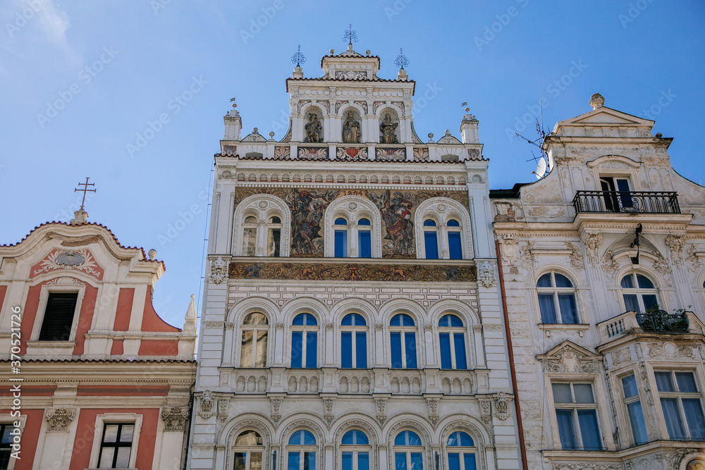Colorful renaissance historical buildings in the main Republic square of Plzen in sunny day. Pilsen, Western Bohemia, Czech Republic
