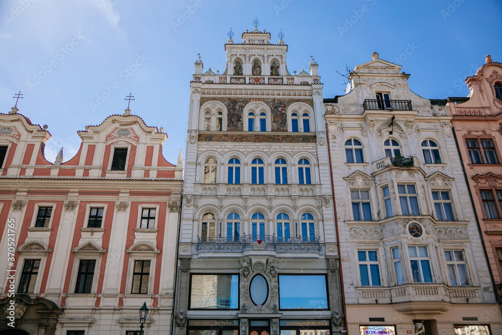 Colorful renaissance historical buildings in the main Republic square of Plzen in sunny day. Pilsen, Western Bohemia, Czech Republic