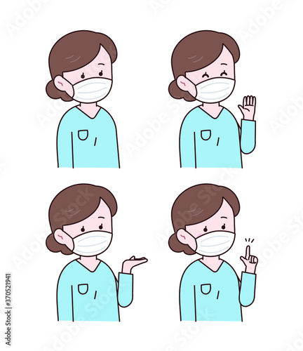 손으로 여러가지 제스쳐를 취하는 간호사.