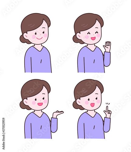 손으로 여러가지 제스쳐를 취하는 중년여성.