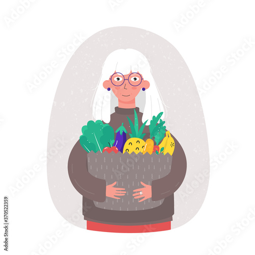 Elderly woman smiles, healthy lifestyle pensioners and seniors vector concept. Fresh vegetables and fruits. Purchase and food delivery online. Health, well-being and youth.