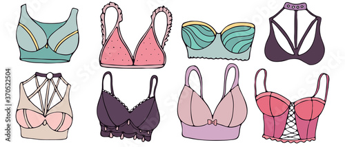 sexy underwear for woman - bra, colors vector set of elements in doodle style with black outline