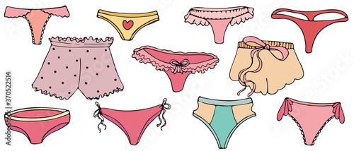 sexy underwear for woman - briefs, colors vector set of doodle style elements with black outline