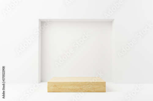 Fototapeta Naklejka Na Ścianę i Meble -  Abstract minimal scene with geometric forms. Wood cube podium stage in white background. for show product cosmetic presentation, mock up, 3d render.