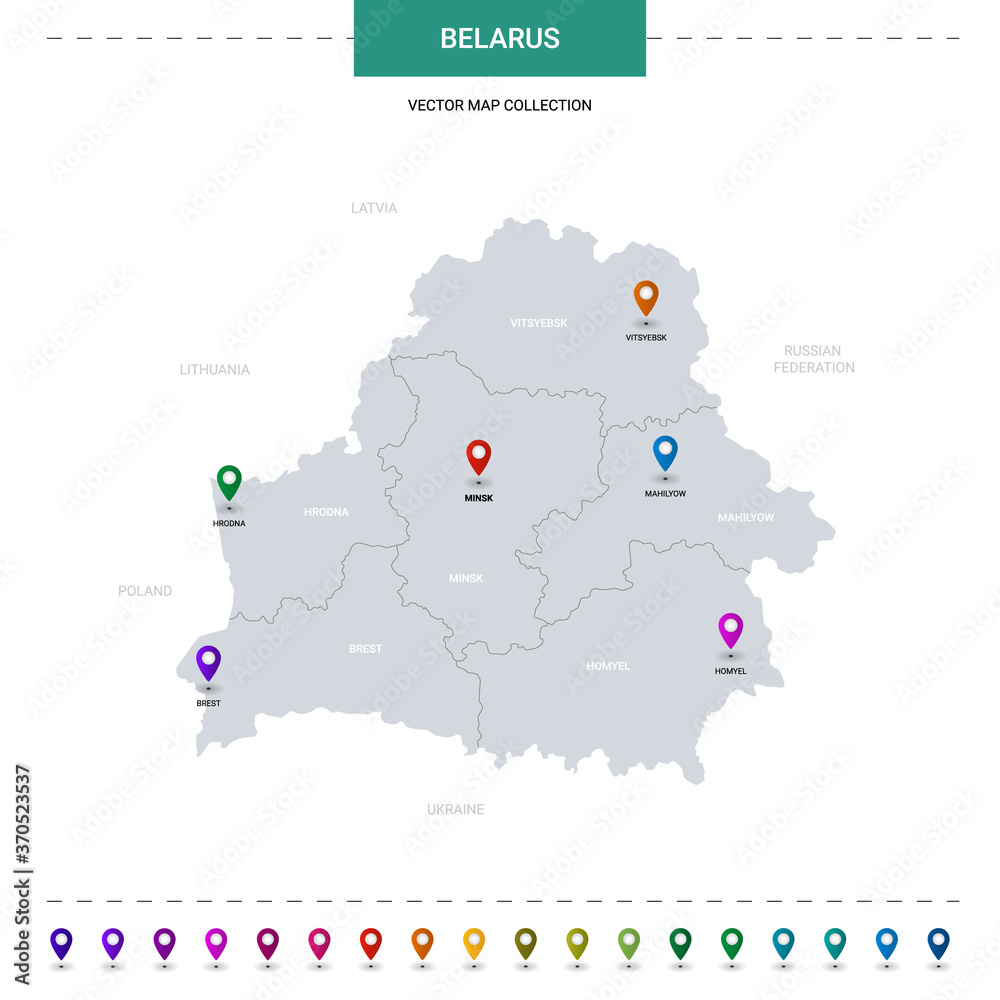 Belarus map with location pointer marks. Infographic vector template, isolated on white background.