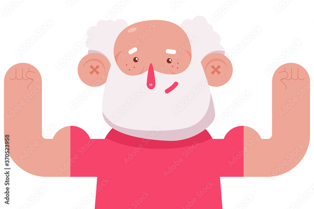 Old man flexing arms muscles vector cartoon character isolated on a white background.