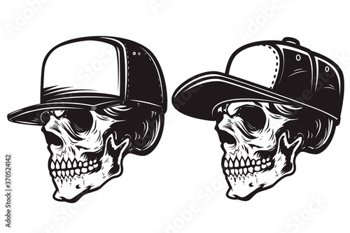 Set of Illustrations of skull in baseball cap in monochrome style. Design element for logo, emblem, sign, poster, card, banner. Vector illustration