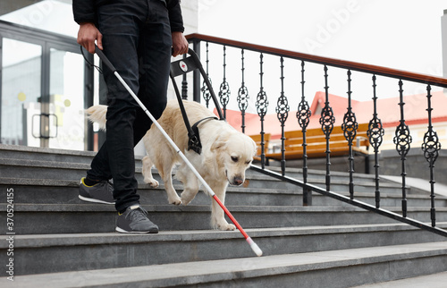 eyeless guy with guide-dog walking, crossing city ctreets. man always with friendly dog, smart animal photo