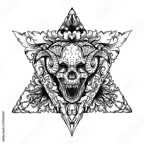 tattoo and t-shirt design black and white hand drawn  devil skull with triangle engraving ornament premium vector