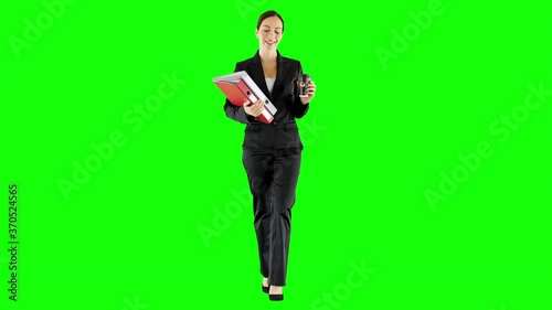 Businesswoman Drinking Coffee When Walking With Documents Green Screen