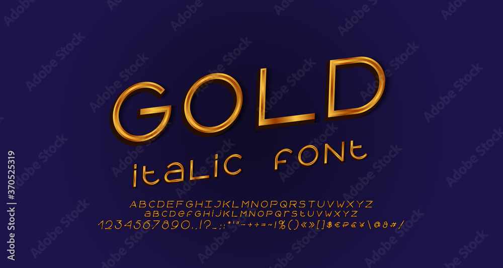 Golden italic alphabet, elegant geometric thin lines font. Uppercase and lowercase letters, numbers, symbols and marks. Vector illustration