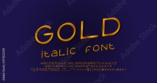Golden italic alphabet, elegant geometric thin lines font. Uppercase and lowercase letters, numbers, symbols and marks. Vector illustration