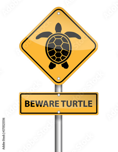 Beware turtle sign pole on white background