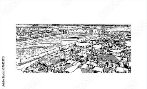 Building view with landmark of Alphen aan den Rijn is a city and municipality in the western Netherlands. Hand drawn sketch illustration in vector.