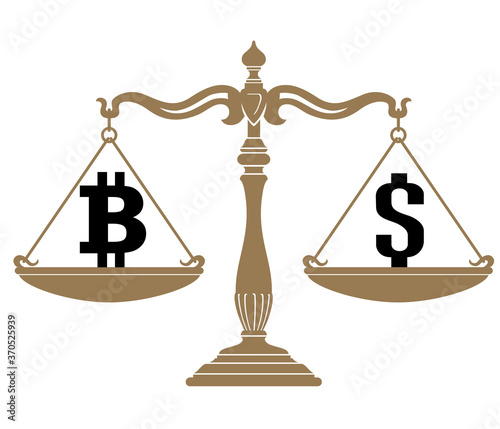 Bitcoin and US dollar on Weighing Scale, Currency Value Comparison and Trade